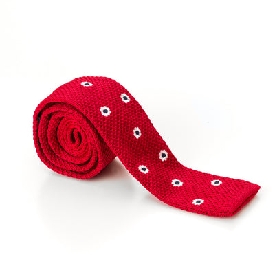Flat Tipped Red and White and Blue Polka Dot Knit Tie